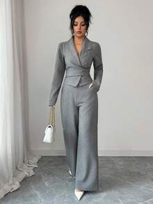 Modelyn 女士灰色编织花瓣领交叉裹身系带长袖两件套 - 灰色 - 查看 4