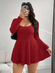 SHEIN EZwear Plus Size Women's Casual Ribbed Knit Crew Neck Cinched Waist Short Jumpsuit Pants, Spring/Autumn - Red - View 3