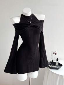 Elamini 女士黑色纹理露肩蝴蝶结装饰性感修身短连衣裙，秋冬款