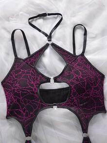 SHEIN Music Festival Women's Hollow Design Halter Sexy Lingerie Set - Purple - View 3