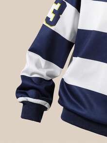 Casuvi Kids 5-Piece Set: Casual Striped & Plaid Letter Print Polo Collar Long Sleeve Sweatshirt + Elastic Waist Jogger Pants, Loose Fit, Suitable For Boys, Spring/Summer/Autumn, Versatile For Daily Wear, Birthday Party, School Activities, Family Gathering, Formal Occasions - Multicolor - View 7