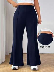 SHEIN PETITE CURVE Plus Size Fashionable Versatile Solid Color Flare Pants Autumn Winter Clothes For Women - Navy Blue - View 7