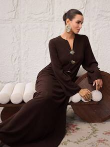 Al Najma Women's Turkish Maxi Dress & Arabic Traditional Abaya Brown Dress For Women Abayas Dubai Luxury Chocolate Brown Modern Kaftan Dress - Brown - View 7