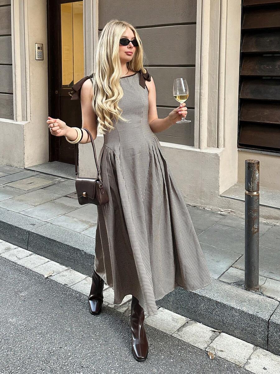 Serisse 棕色格子连衣裙，女士无袖系带褶裥优雅中长连衣裙，女士休闲连衣裙，女士优雅连衣裙，秋冬连衣裙，棕色连衣裙，女士休闲装，新年装，优雅女士，秋冬，女士优雅连衣裙，非常适合叠穿，可轻松搭配职业装和休闲装。是日常购物、短途旅行或节日场合的理想之选。女士冬季连衣裙，圣诞派对连衣裙；女士优雅晚礼服，新年夜连衣裙，女士休闲连衣裙，女士优雅连衣裙 - 棕色 - 查看 1