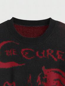 ROMWE Goth Plus Size Women Vintage Black Cat, Star, Moon Jacquard Knit Crew Neck Basic Pullover Sweater - Burgundy - View 5