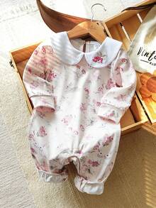 SHEIN Vintaside Kids 1件女婴花卉刺绣领长袖连体衣，兔子印花，可爱休闲连体衣，适合春秋季外出、聚会、圣诞节、新年、情人节等节日穿着。 - 粉色 - 查看 9