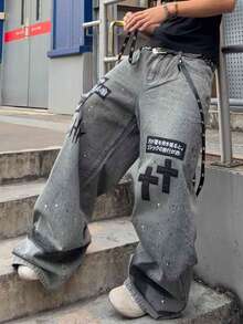 ROMWE MEN Men's Cross Embroidery Pocket Wide Leg Loose Fit Jeans - Grey - View 5