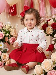 SHEIN 2pcs Baby Girls Unisex Infant Toddler 0-3 Years Spring/Autumn White Long Sleeve Heart Print Accent Cardigan Paired With Red Bow Accent Skirt Set, Suitable For Outings, Home Photoshoot, Gatherings With Friends/Family, Birthday Parties,Baby Girls Clothes,Girls Outfit Sets,Valentine'S Day Outfit,Red Heart-Patterned Suit, Heart-Patterned Shirt, Bright Red Skirt,Toddler  Girls Outfit Sets,Baby Girl'S White Heart-Shaped Shirt
