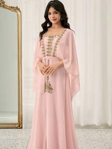 Lace Embroidered A-Line Dress With Shawl Collar, Waist Cinched, Suitable For Weddings, Proms, Birthdays, Parties, Valentine's Day - Pink - View 5