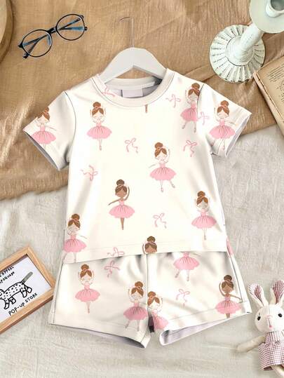 SHEIN Conjunto de pijama de ajuste ceñido para bebé niña con gráfico de bailarina, de manga corta, cuello redondo, de ajuste holgado