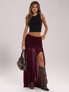 SHEIN BAE 女士性感度假风简约纯色低腰高开衩薄纱半身裙，夏季 - 紫紅色 - 查看 5