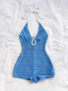 Soleia 女士休闲度假新款V领露背系带蝴蝶结镂空黑白撞色滚边修身罗纹连体裤，适合派对、约会、下午茶、海滩等多种场合。 - 藍色 - 查看 4