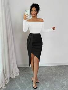 Elenzga Women's Open Shoulder Long Sleeve Ruched High Slit Pearl Design Bodycon Dress For New Year Clothes - Black and White - View 7