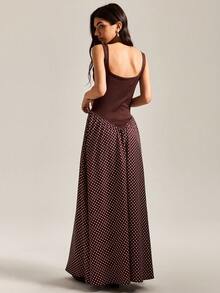 Easelle Váy midi không tay chấm bi màu cà phê dành cho nữ - màu nâu - Xem 2