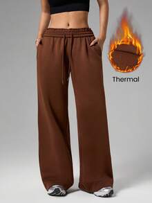 Dewbera 休闲百搭棕色阔腿宽松版型腰部抽绳设计运动裤 - 咖啡棕 - 查看 3