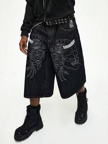 ROMWE MEN Men's Casual Skull Pattern Cropped Denim Jeans - Black - View 3