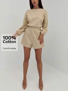 Aloruh Women's Cotton Long Sleeve Plunging Neck Backless Jumpsuit - Apricot - View 4