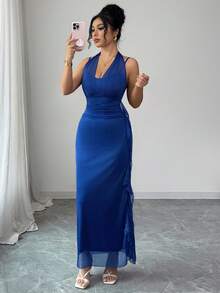 Modelyn 女士领结收腰荷叶边纯色吊带背心连衣裙 - 藍色 - 查看 5