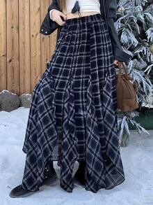 DAZY 女士格子A字休闲宽松长裙 春季 - 藍色 - 查看 5