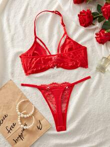 Esselle 2pcs Women Lace Spliced Front Button Halter Crop Top Set - Red - View 2