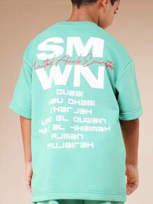 SUMWON Boys Oversized Mint Green T-Shirt And Jogger Set With White Side Stripe Details And Mixed Graphic Text Print Casual Vacation - Green - View 6