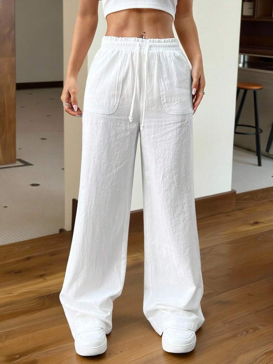 SHEIN EZwear Women's White Woven Wide Leg Pants