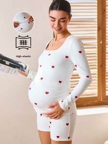 SHEIN 2pcs Maternity Heart Print Square Neck Long Sleeve Top And Shorts Set Lingerie Lingerie Set Underwear Women Pajama Pajama Dress Loungewear Nightgown Robe Sleepwear Sleepwear Set Tank Top With Bra Pregnancy Clothing 2 Piece Maternity Set Maternity Pajamas Long Sleeve Maternity High-Elastic Sleepwear Sleep Wear Women Maternity Dress Long Sleeve Maternity Dress Sexy Maternity Dress - Multicolor - View 7
