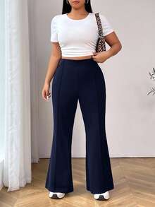 SHEIN PETITE CURVE Plus Size Fashionable Versatile Solid Color Flare Pants Autumn Winter Clothes For Women - Navy Blue - View 3