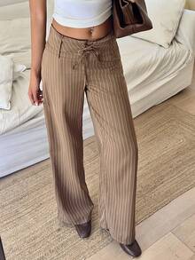 Flirla Pantalon large à taille basse rayé marron pour femmes avec ceinture, nœud papillon et œillets décoratifs. Élégant pour un usage casual et les déplacements quotidiens en automne/hiver - Tabac - Voir 3