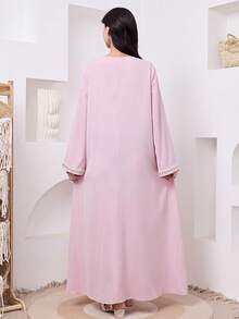 SHEIN Teen Girls' Elegant Luxurious Beaded & Rhinestone Embellished Arabic Style Dress, Spring/Summer - Pink - View 2