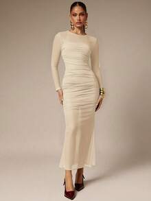 Silquee Women's Solid Color Mesh Patchwork Ruffle Long Sleeve Dress - Apricot - View 3