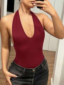 SHEIN ICON 性感Y2K深V领金属色连体衣，纯黑色 - 酒紅色 - 查看 3
