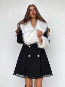 SHEIN ICON Women's Autumn/Winter Fashion Patchwork Faux Fur Double-Breasted Lace Trim Padded Coat - Black and White - View 13