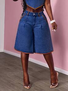 Slaydiva Women's Loose Casual Denim Wide Leg Capri Pants With Pockets - Medium Wash - View 3