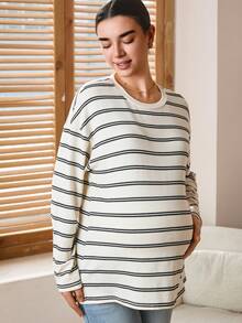 SHEIN Pregnant Women's Striped Round Neck Drop Shoulder Long Sleeve Casual Versatile T-Shirt Lingerie Lingerie Set Underwear Women Pajama Pajama Dress Loungewear Nightgown Robe Sleepwear Sleepwear Set Tank Top With Bra Maternity Tops Maternity Clothes T Shirts Pregnant Clothes Nursing Top Post Partum Clothes Striped Long Sleeve Stripe Top Long Tshirts Women - Multicolor - View 5