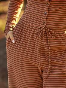 WESTFADE Striped Fuzzy Knit Drawstring Waist Loose Fit Wide Leg Stretch Lounge Pants Winter, Boho, Western Wear, Holiday, Christmas, NYE, New Year, Nashville Cowgirl, Casual, Cute - Brown - View 3