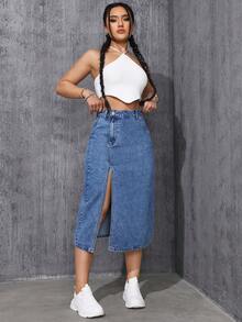 Flexra Plus Size Solid Color High Slit Pocket Fashionable Denim Mini Skirt - Medium Wash - View 4