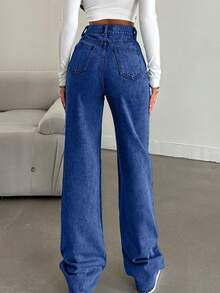 SHEIN Tall Snow Wash Straight Leg Jeans High Rise For Tall - Dark Wash - View 2