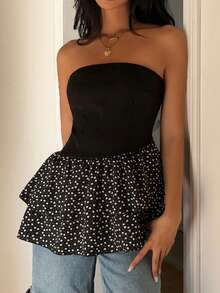 SHEIN Unity Women's Summer Casual Vacation Style Patchwork Heart Print Double Layer Ruffle Asymmetrical Hem Tube Top - Black and White - View 3