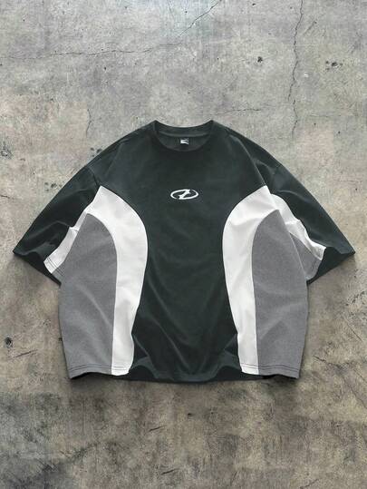 AXEPEAK Camiseta de hombre de cuello redondo con patchwork de varios tamaños