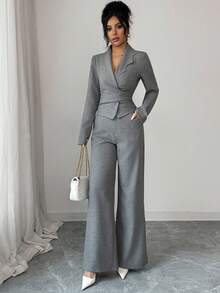 Modelyn 女士灰色编织花瓣领交叉裹身系带长袖两件套 - 灰色 - 查看 5