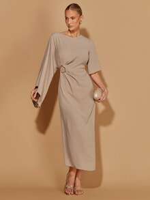 COSMINA 女士优雅金属扣褶皱长袖连衣裙，适合派对和通勤等各种场合，四季皆宜 - 卡其色 - 查看 3