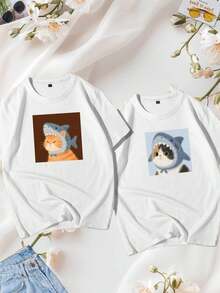 Playeras para parejas, gatos, tiburon, animado, dibujo, amor, aniversario regalo,, unisex, DOS PIEZAS , hombre, mujer - Blanco - Ver 1