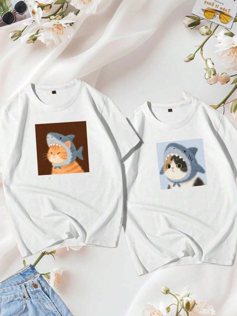 Playeras para parejas, gatos, tiburon, animado, dibujo, amor, aniversario regalo,, unisex, DOS PIEZAS , hombre, mujer - Blanco - Ver 1