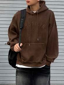 DAZY 男士秋冬保暖连帽衫，带字母刺绣，棕色 - 棕色 - 查看 3
