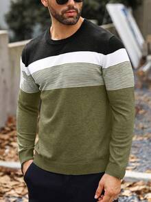 Manfinity Mode Men's Casual Commuter Contrast Striped Pattern Sweater, Autumn/Winter Men Sweater Top Long Sleeve Tops For Men Men Full Sleeve Tshirt Men Knit Tops Jumper For Men - Army Green - View 3
