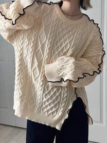 FRIFUL 女士圆领宽松绞花针织套头毛衣，饰有撞色波浪形滚边 - 米色 - 查看 5
