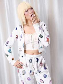 Y2Kool Maria Clara Maia White Flannel Starfish & Shell Y2K Casual Street Crop Zip-Up Jacket, Suitable For Autumn/Winter Parties, Holidays, And Daily Wear Springs Birthday For Women Carnival - White - View 6