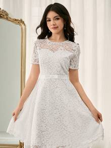Teens' Round Neck Short Sleeve Cinching Waist Lace Patchwork Dress, Elegant & For Christmas Party