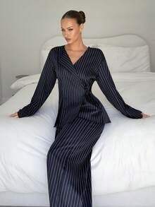 Siren Gaze Women's Navy Blue Striped Long Sleeve Jacket And Wide Leg Pants Suit Set, Office, Business Commute, Casual, Daily Wear Woman Suit Navy Blue Set 2 Piece Lounge Sets Woman Lounge Wear - Navy Blue - View 5